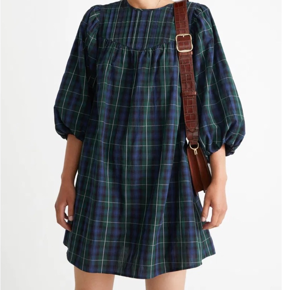 & Other Stories Voluminous Plaid academia mini organic cotton dress w/smocking
